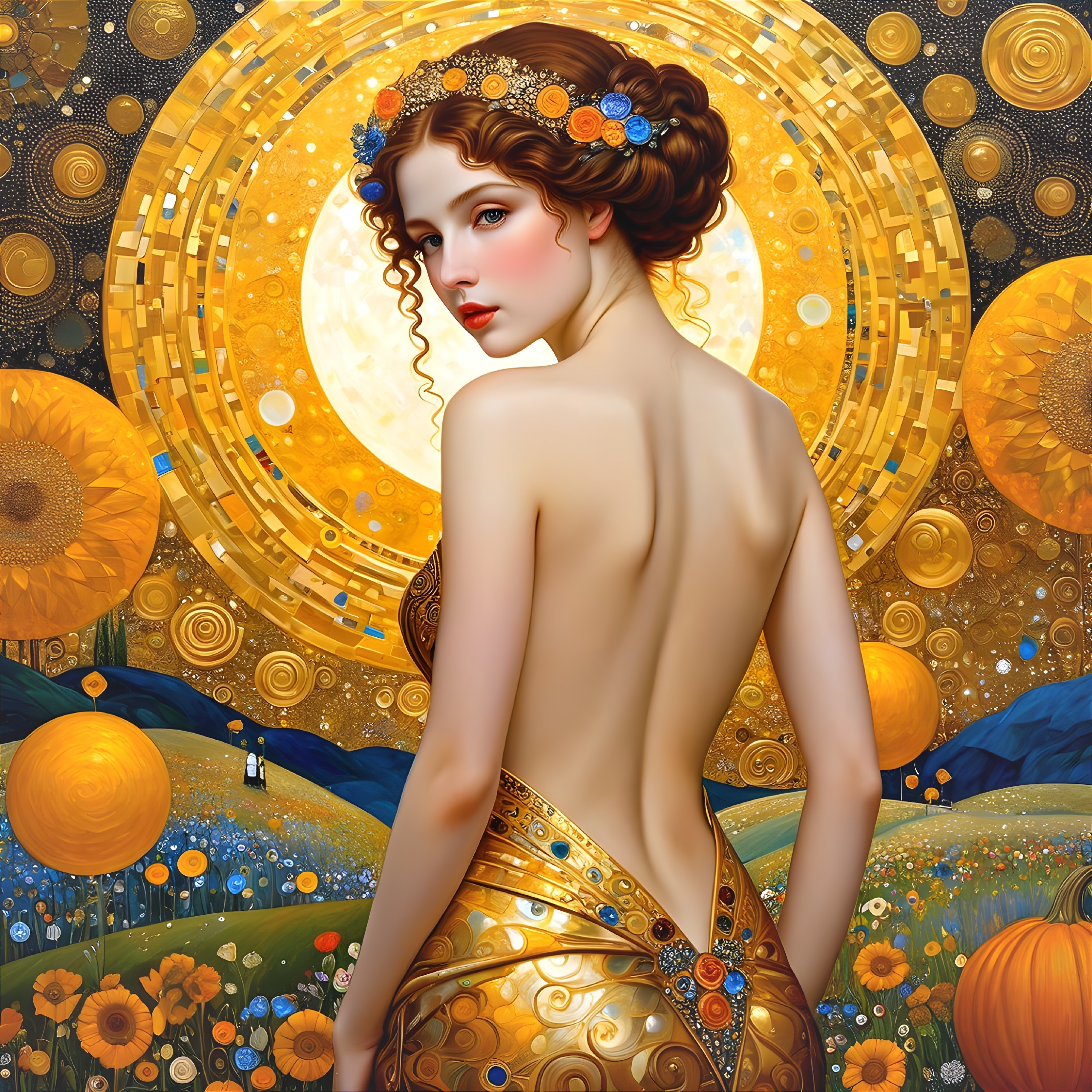 Elegant Woman in Golden Gown Amidst Sunflowers