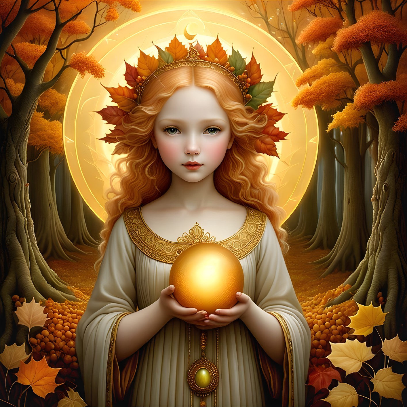Autumn Forest Scene with Girl and Golden Orb