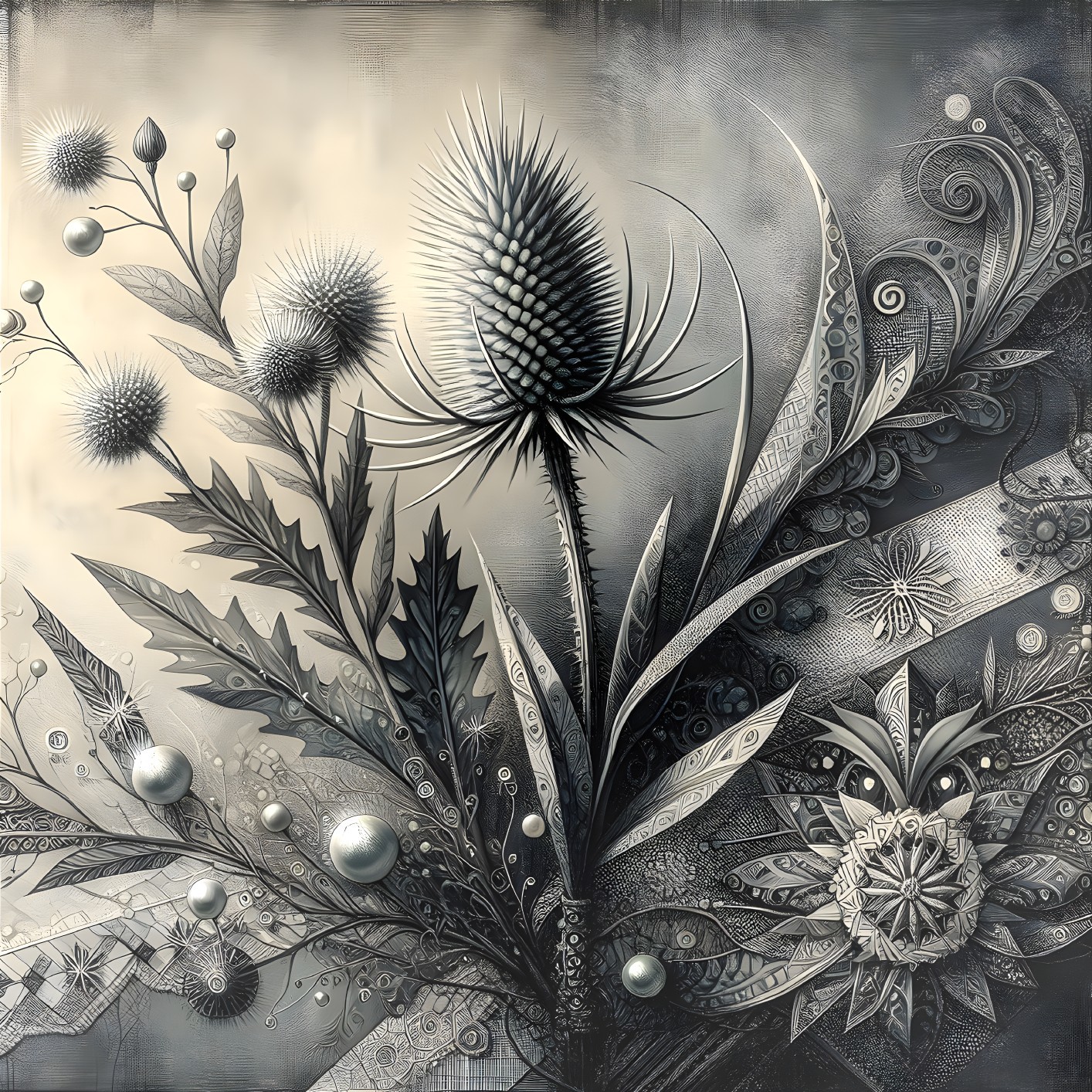Intricate Black and White Botanical Composition with Patterns