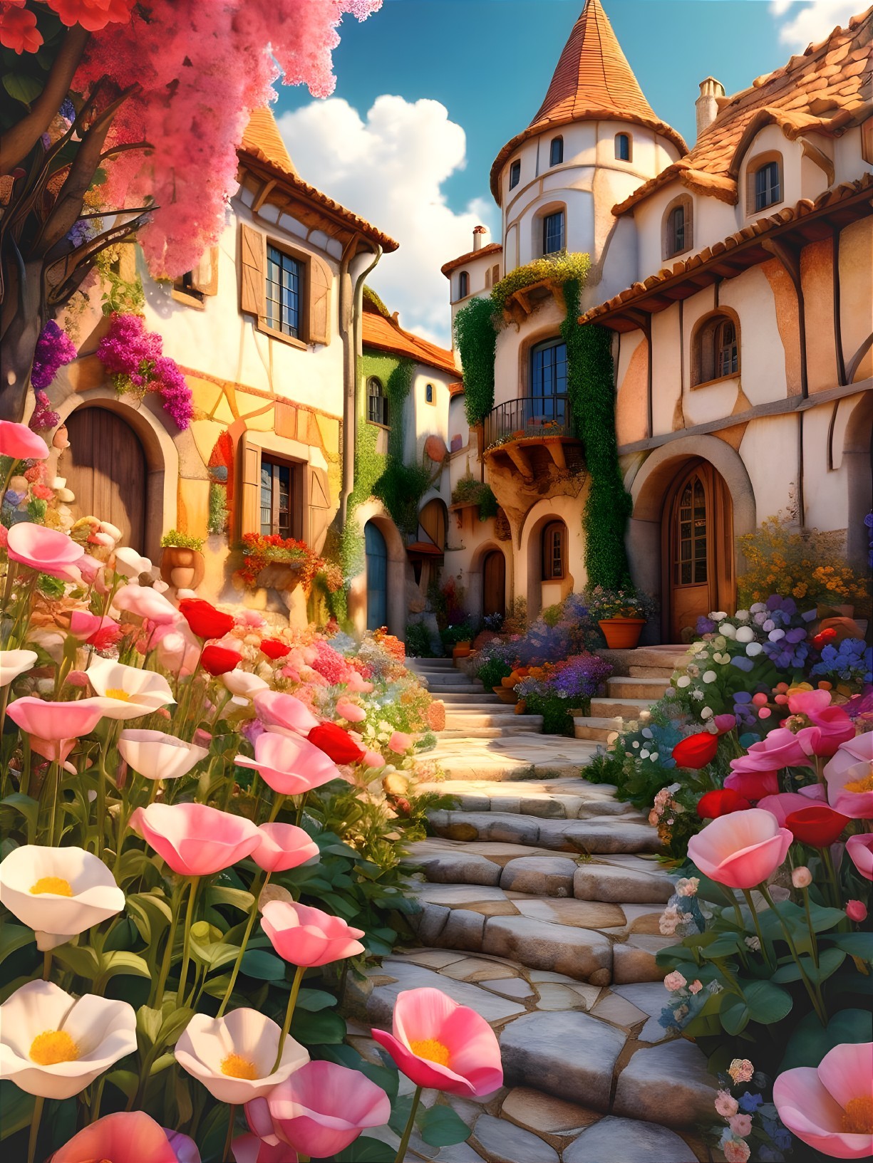 Charming cobblestone pathway in a picturesque village