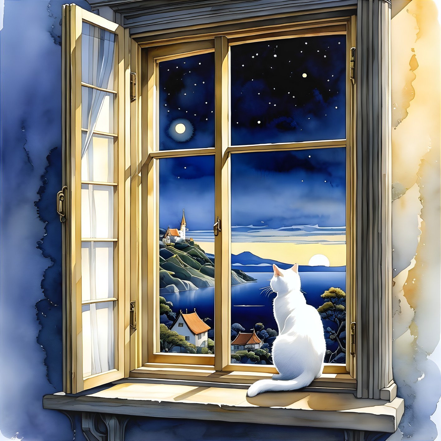 Calm Night Scene with Cat and Serene Landscape