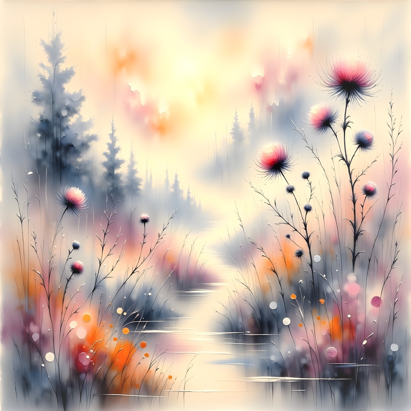 Serene Landscape with Misty Hues and Reflective Stream