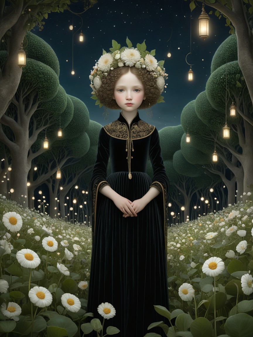 Young girl in enchanted forest with blooming daisies