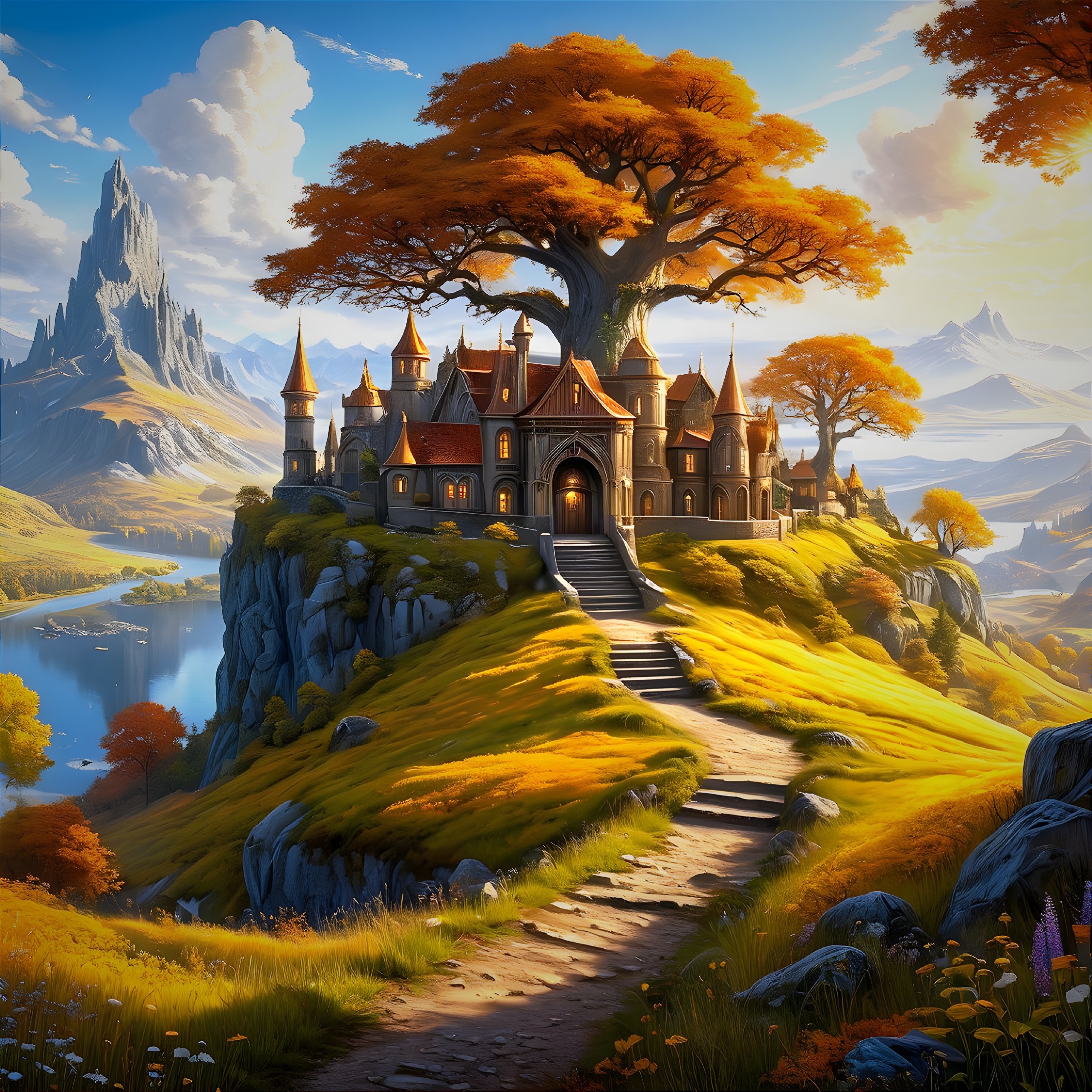 Castle on Rocky Hill Surrounded by Autumn Landscape
