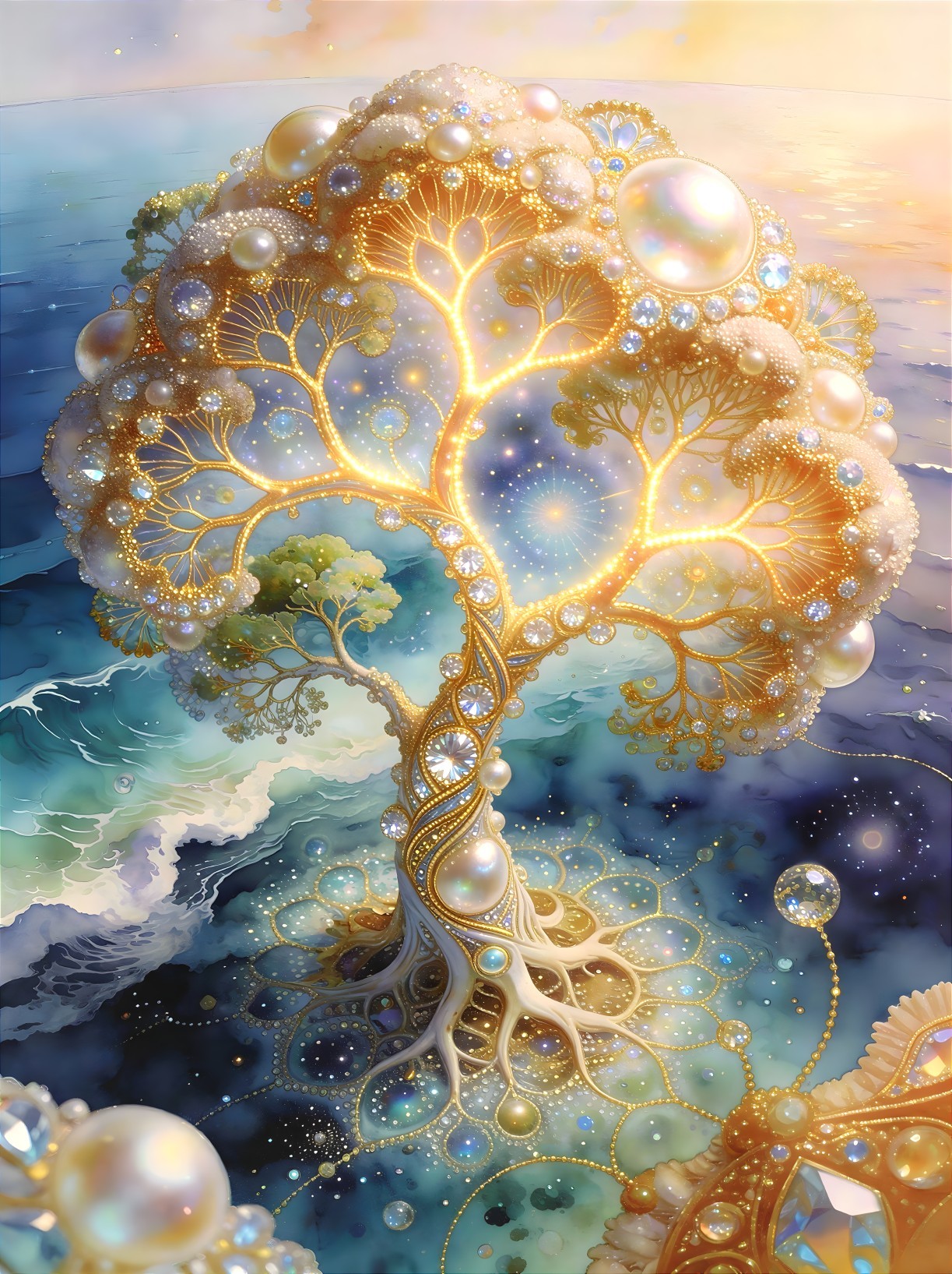 Shimmering Ocean Tree with Pearls and Diamonds