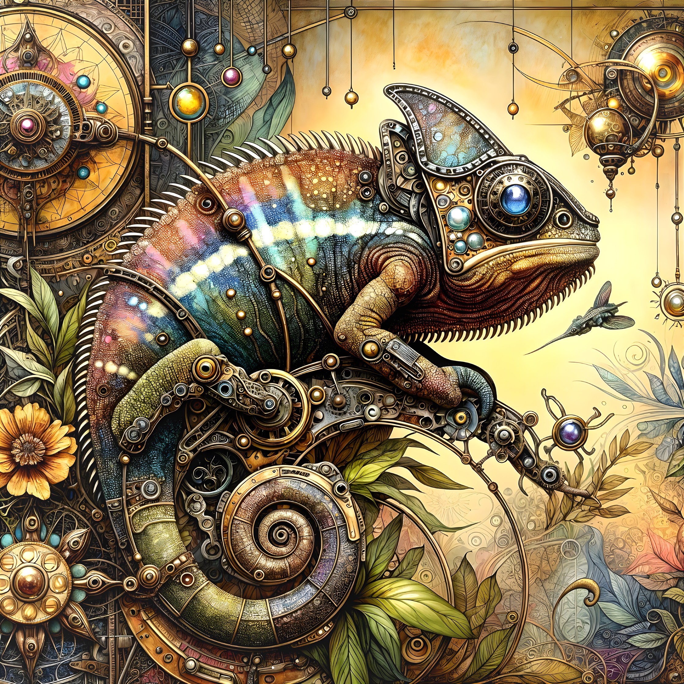 Chameleon with Steampunk Design Among Lush Foliage
