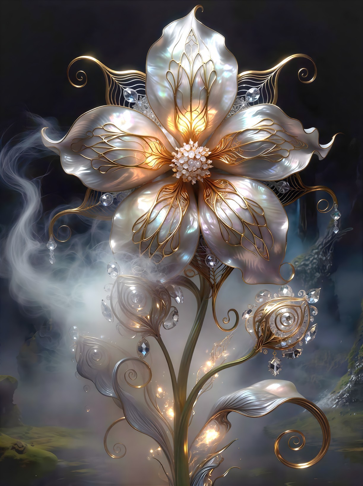 Glowing Flower with Iridescent Petals in Ethereal Landscape