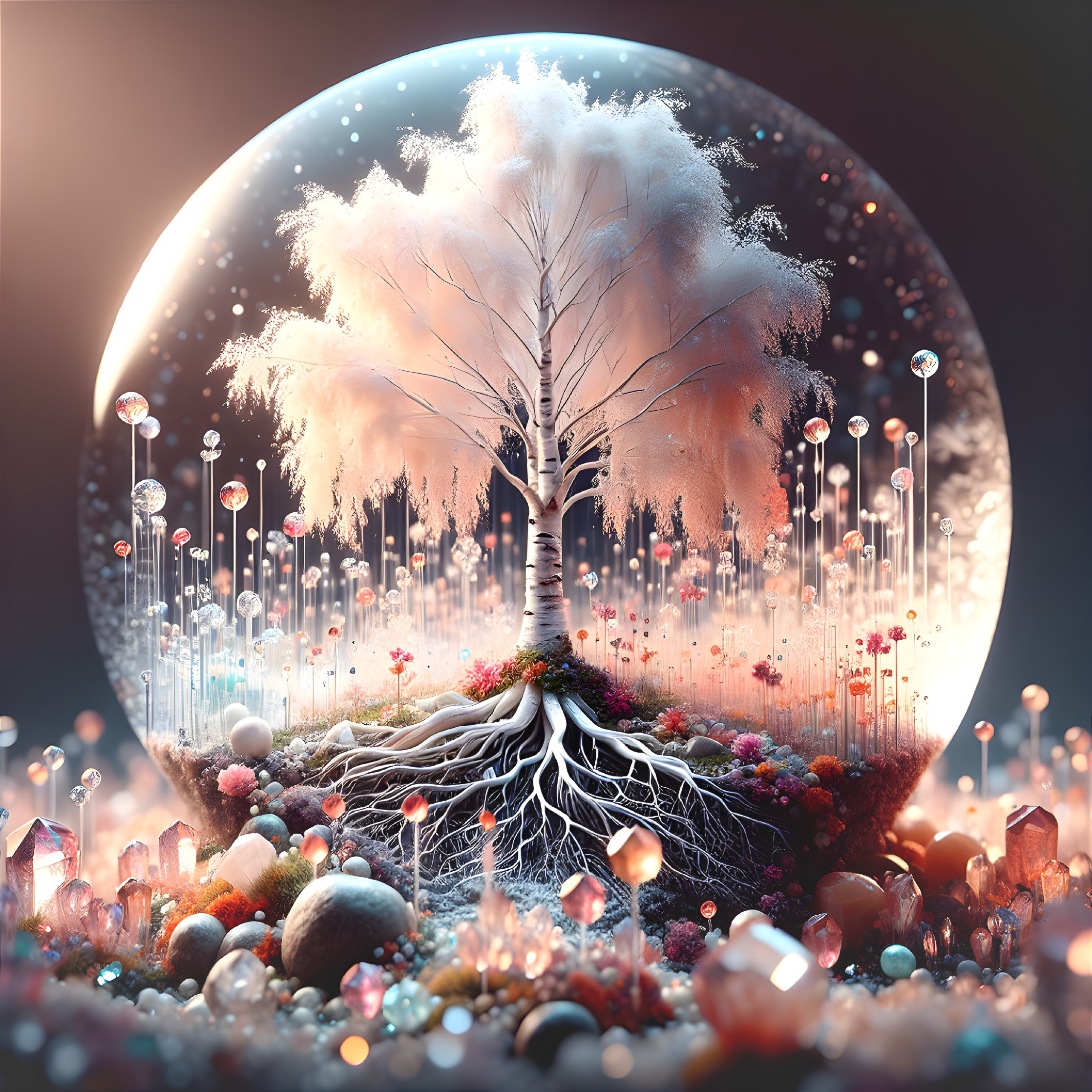 Whimsical Tree in Crystal Orb with Colorful Landscape