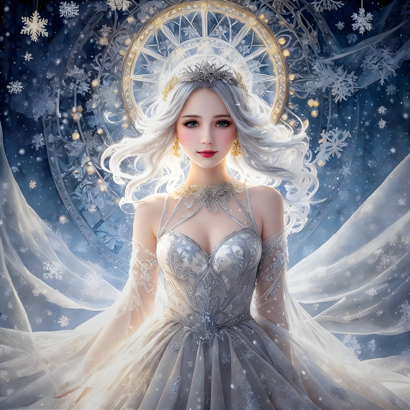Ethereal Figure in Silvery Gown Surrounded by Snowflakes