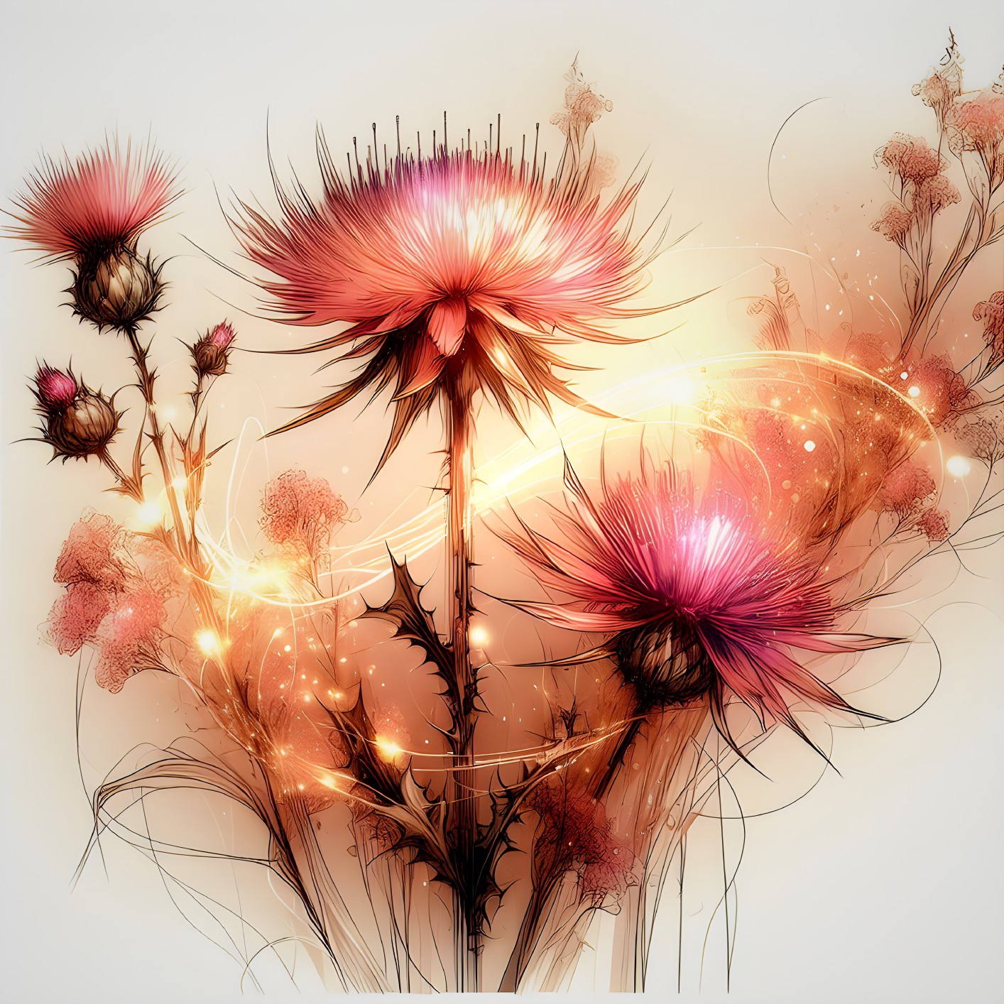 Stylized Thistle Flowers in Pink and Purple Hues