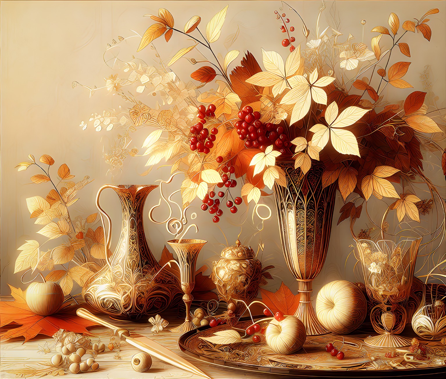 Elegant Still Life of Autumn Leaves and Grapes