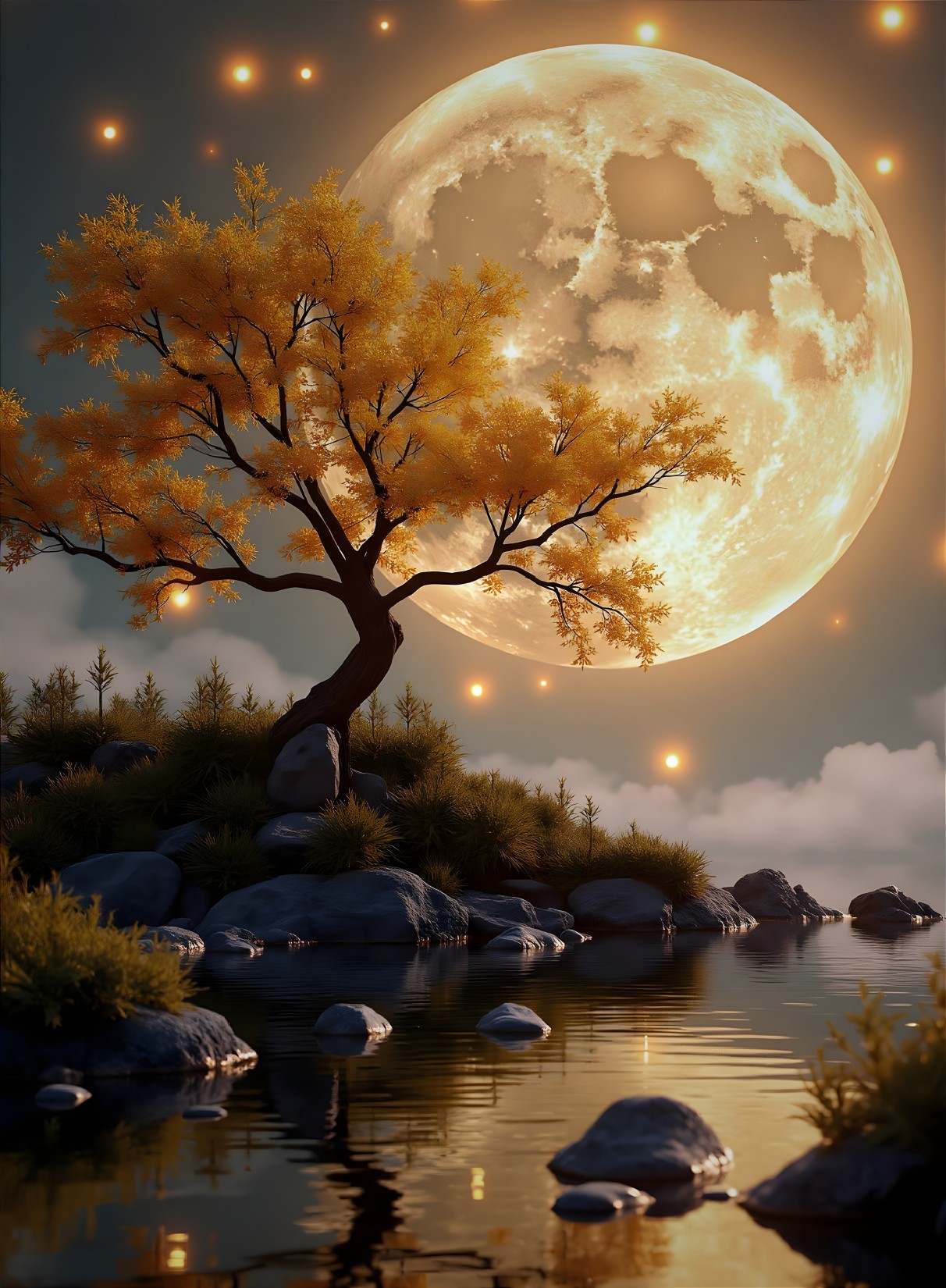 Serene Autumn Landscape with Moonlit Water and Tree