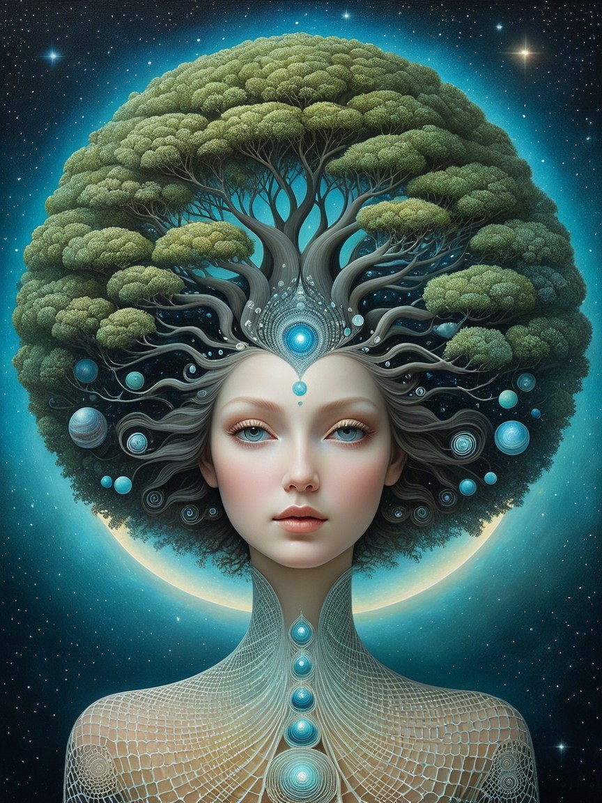 Surreal Female Figure with Tree Crown in Cosmic Scene