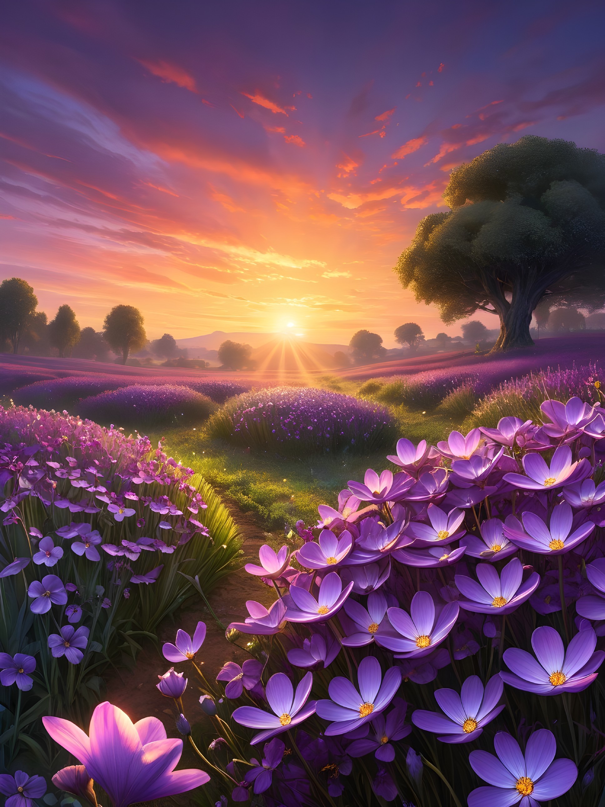 Vibrant Sunrise Landscape with Wildflowers and Trees