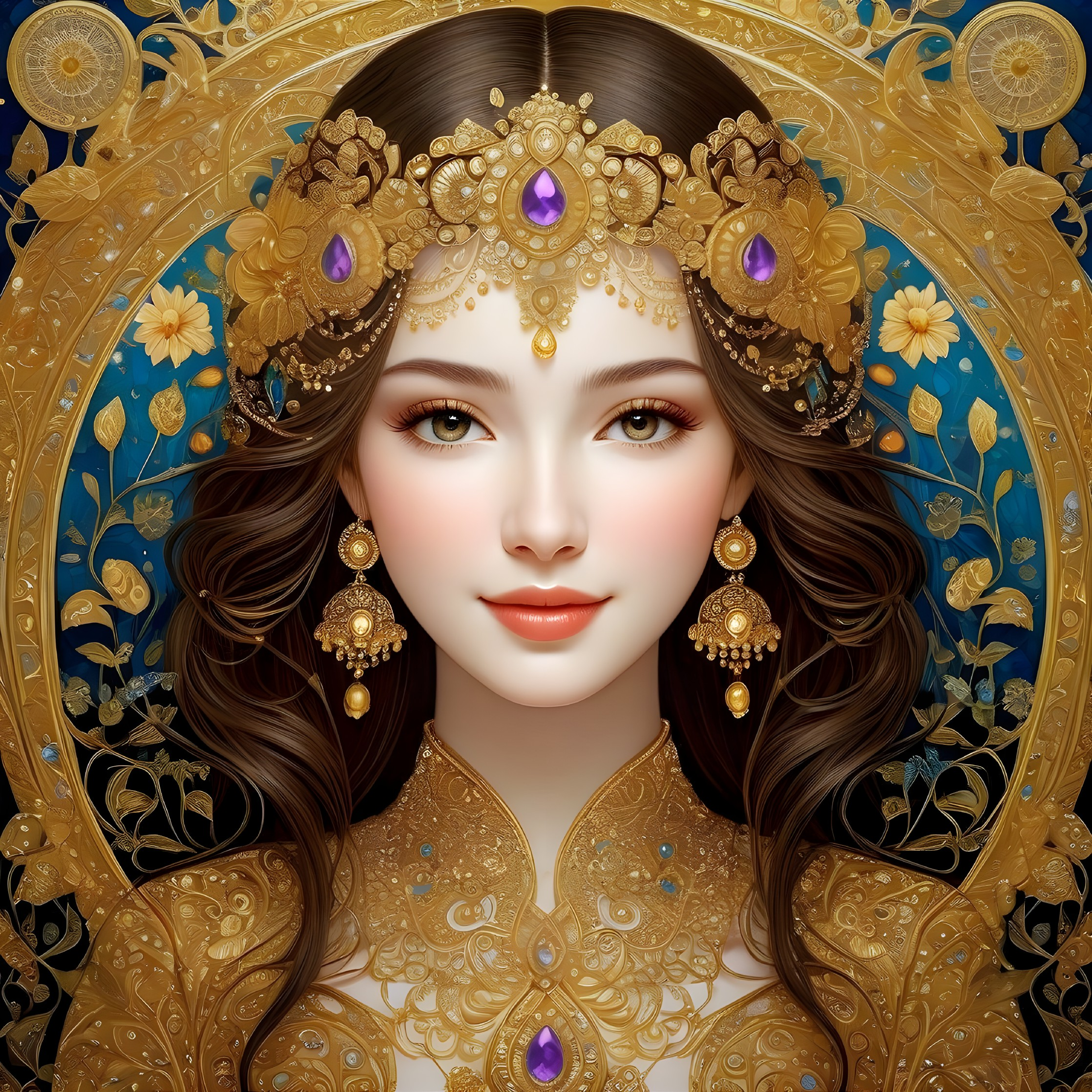 Stunning Woman in Gold Jewelry with Floral Background