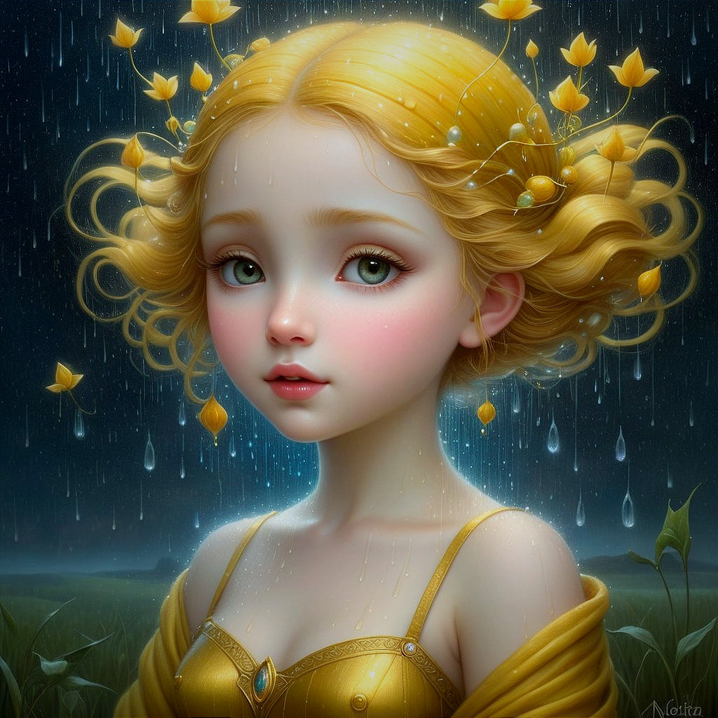 Young girl in golden gown with leaves and raindrops