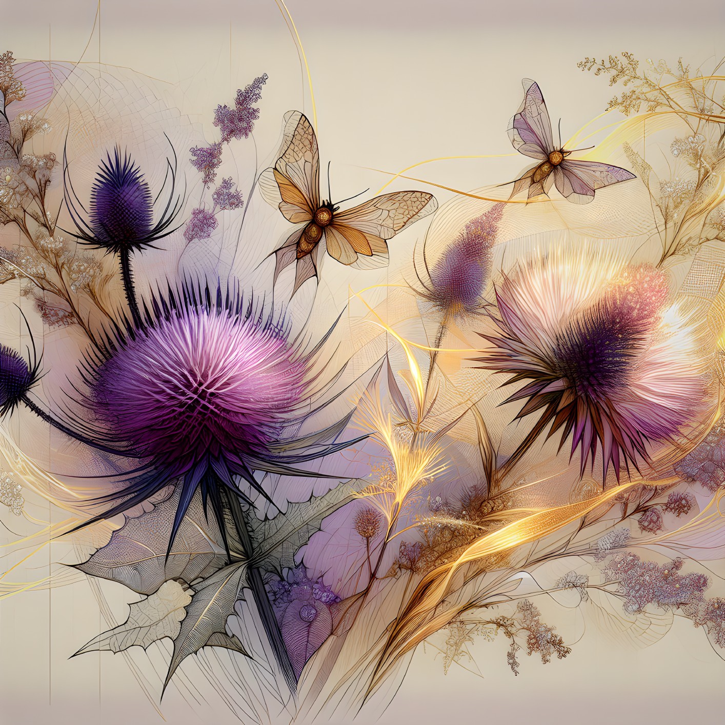 Ethereal Artwork of Thistles and Butterflies in Purple
