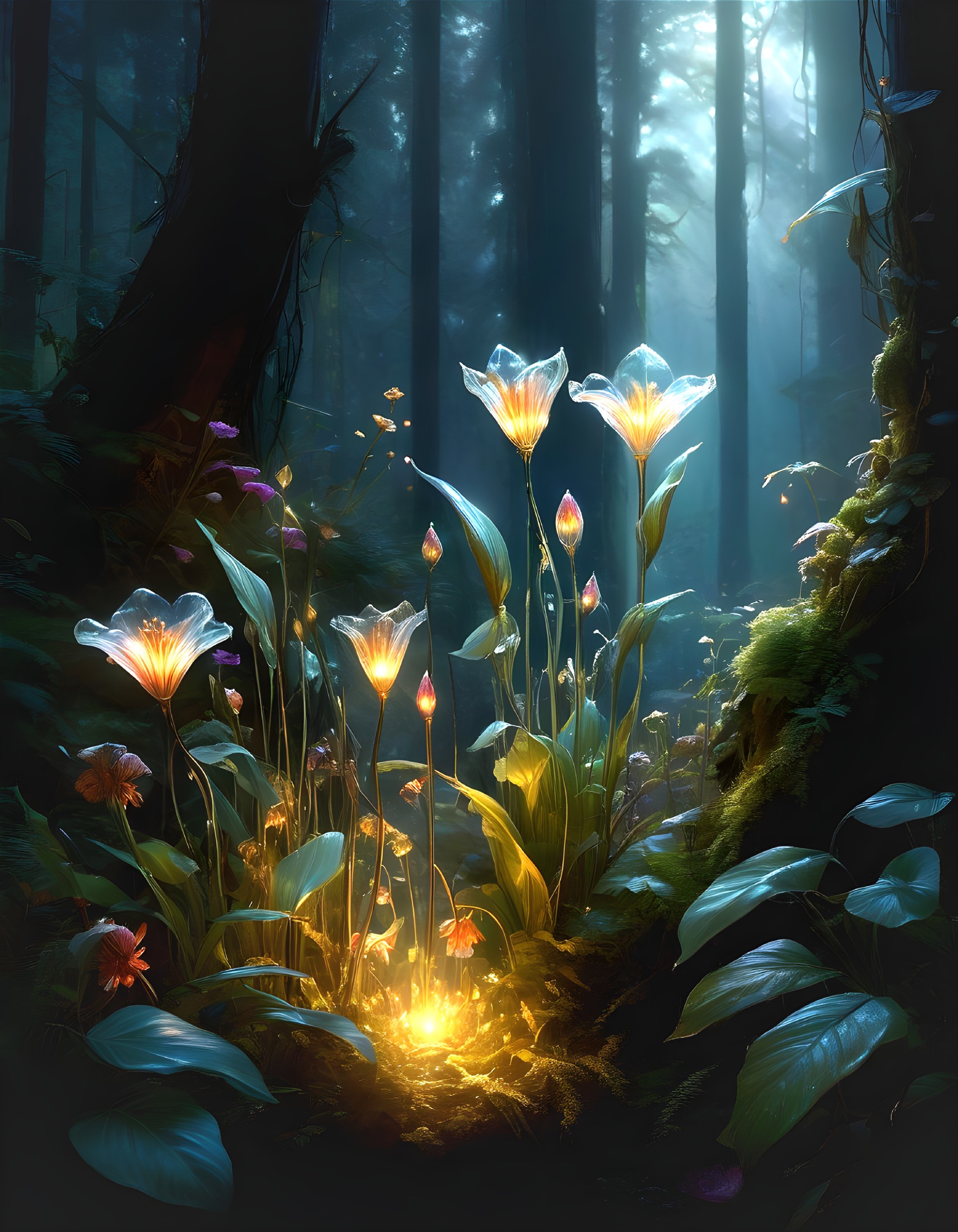 Serene Forest with Ethereal Light and Vibrant Flowers