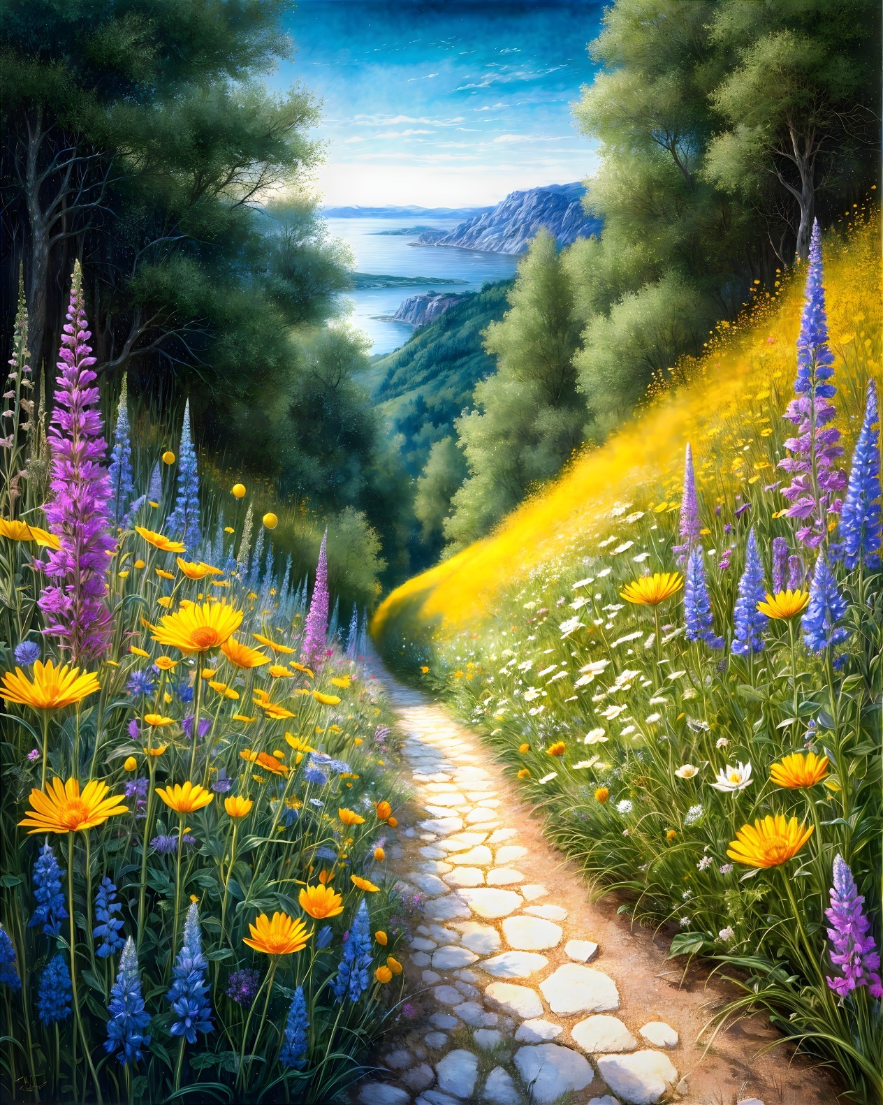 Vibrant Path Through Lush Valley with Wildflowers