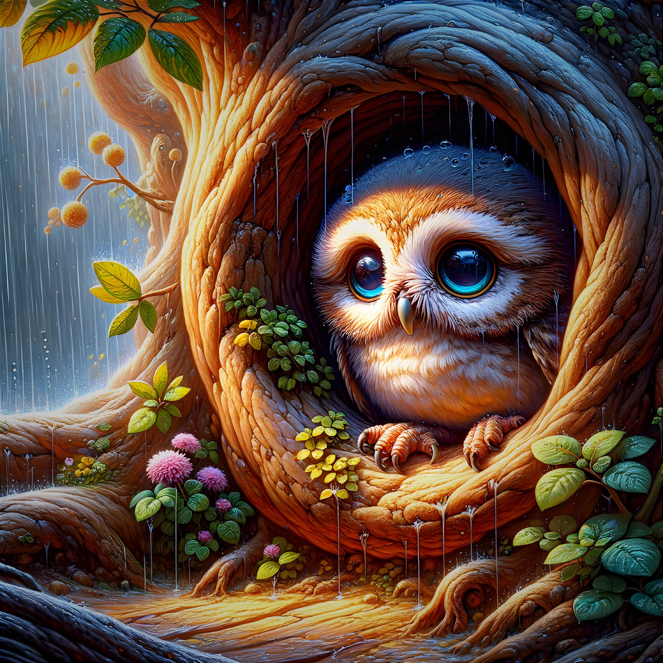 Enchanting Owl Sheltered in Rainy Hollow