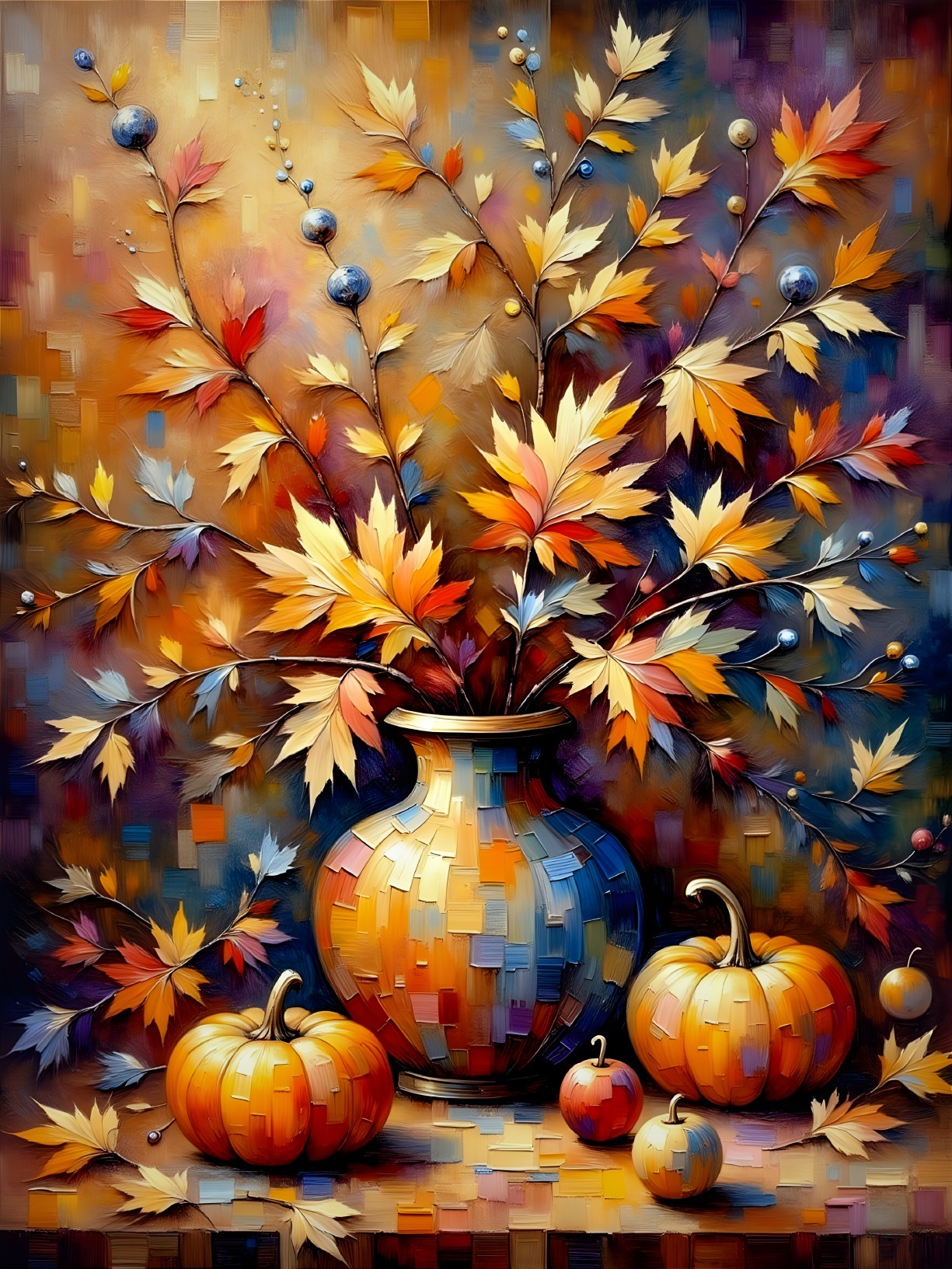 Autumn Still Life with Vase, Leaves, and Pumpkins