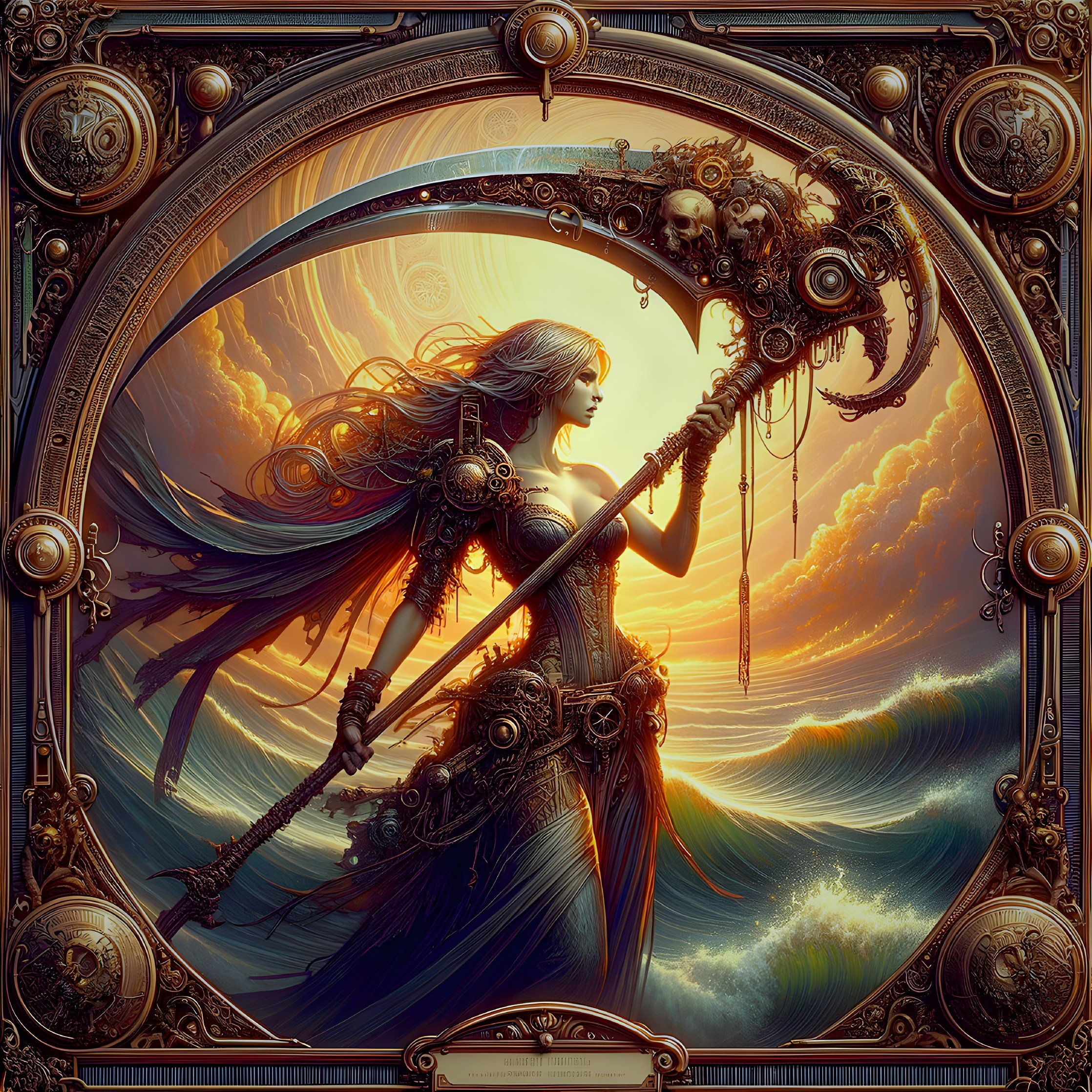 Mystical Figure with Scythe by Turbulent Waves