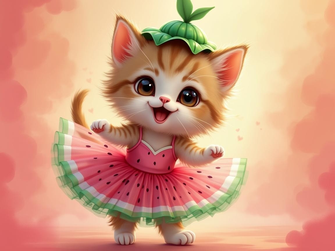 Fluffy Kitten in Watermelon Tutu with Leaf Cap