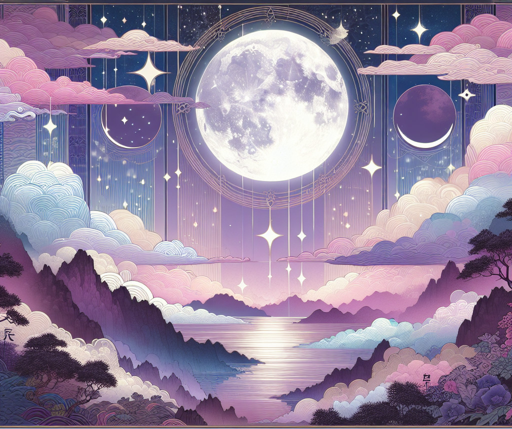 Serene Landscape with Moonlit Mountains and Water
