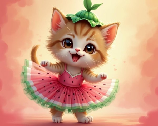 Fluffy Kitten in Watermelon Tutu with Leaf Cap