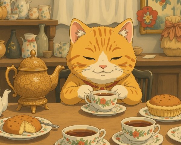 Adorable Orange Cat Enjoying Tea at Wooden Table