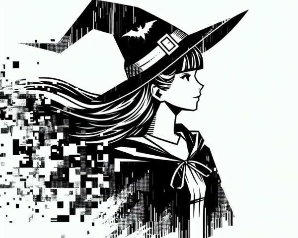 Stylized Black and White Witch with Digital Fragments