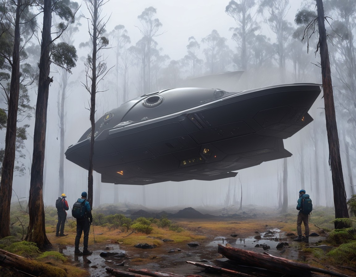 Futuristic spaceship over foggy forest with explorers.