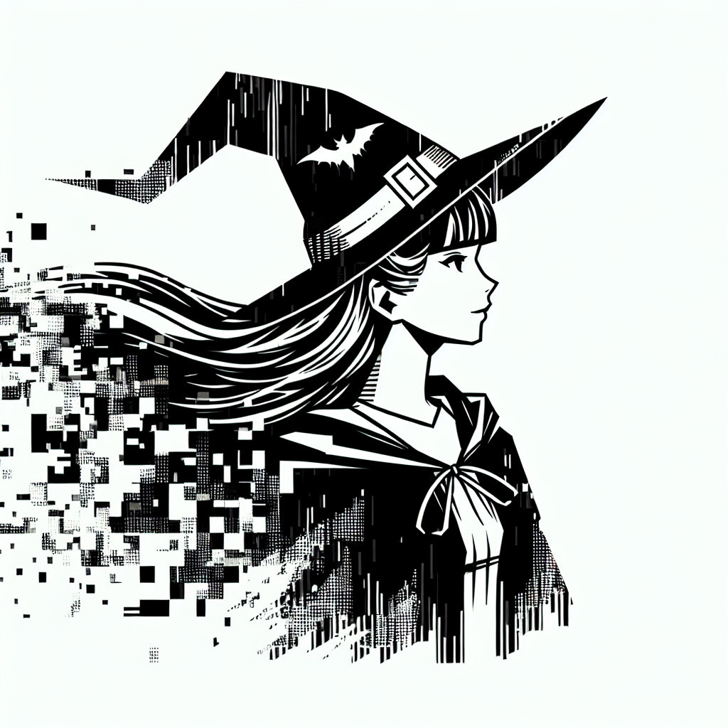 Stylized Black and White Witch with Digital Fragments