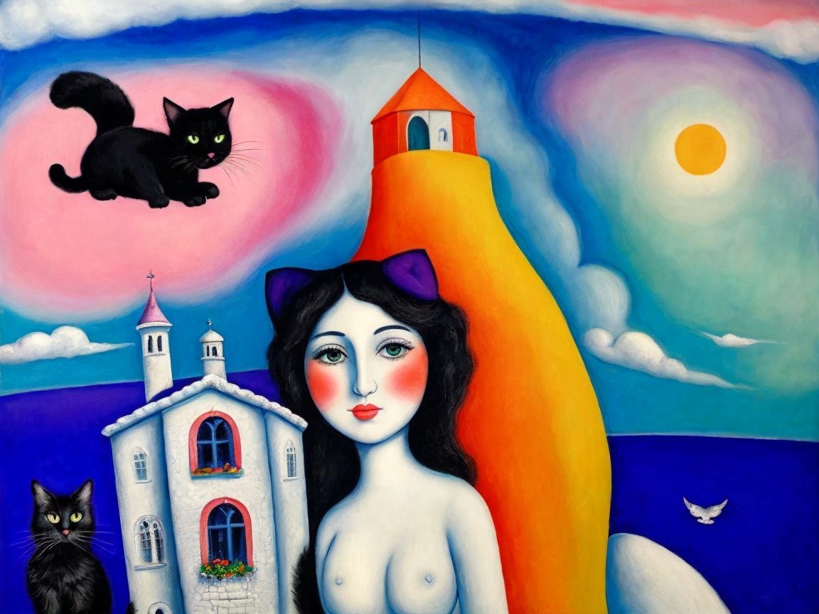 Whimsical Painting of Girl, Cats, and Colorful Landscape