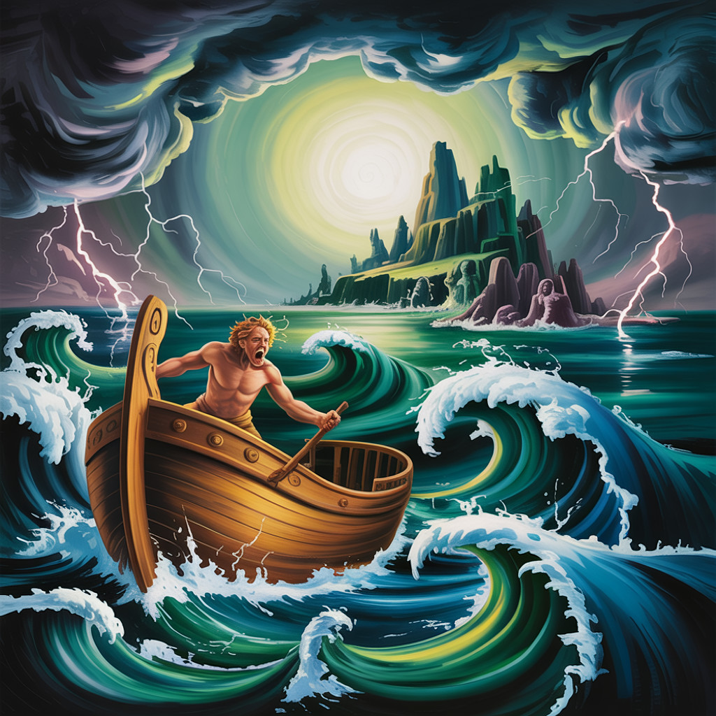 Muscular Figure Rowing a Boat in Stormy Seas