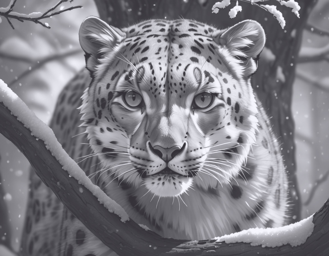 Snow Leopard in Gray Tones Against Winter Landscape
