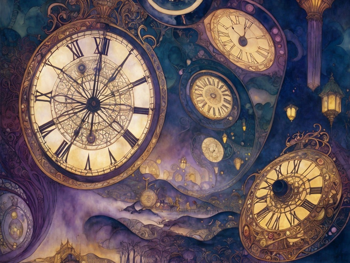 Whimsical Scene with Intricate Swirling Clocks