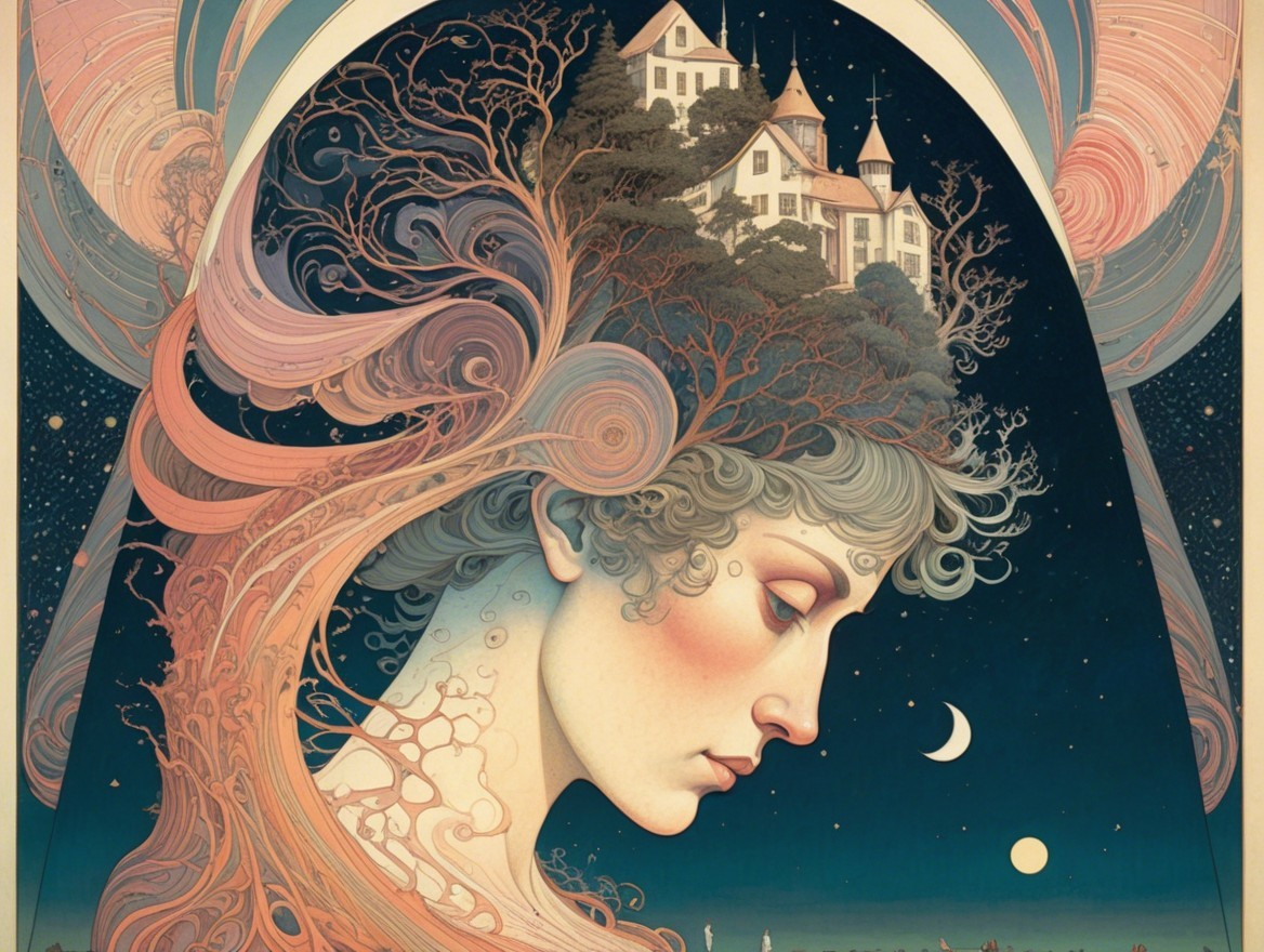 Surreal Portrait of a Woman with Whimsical Landscape