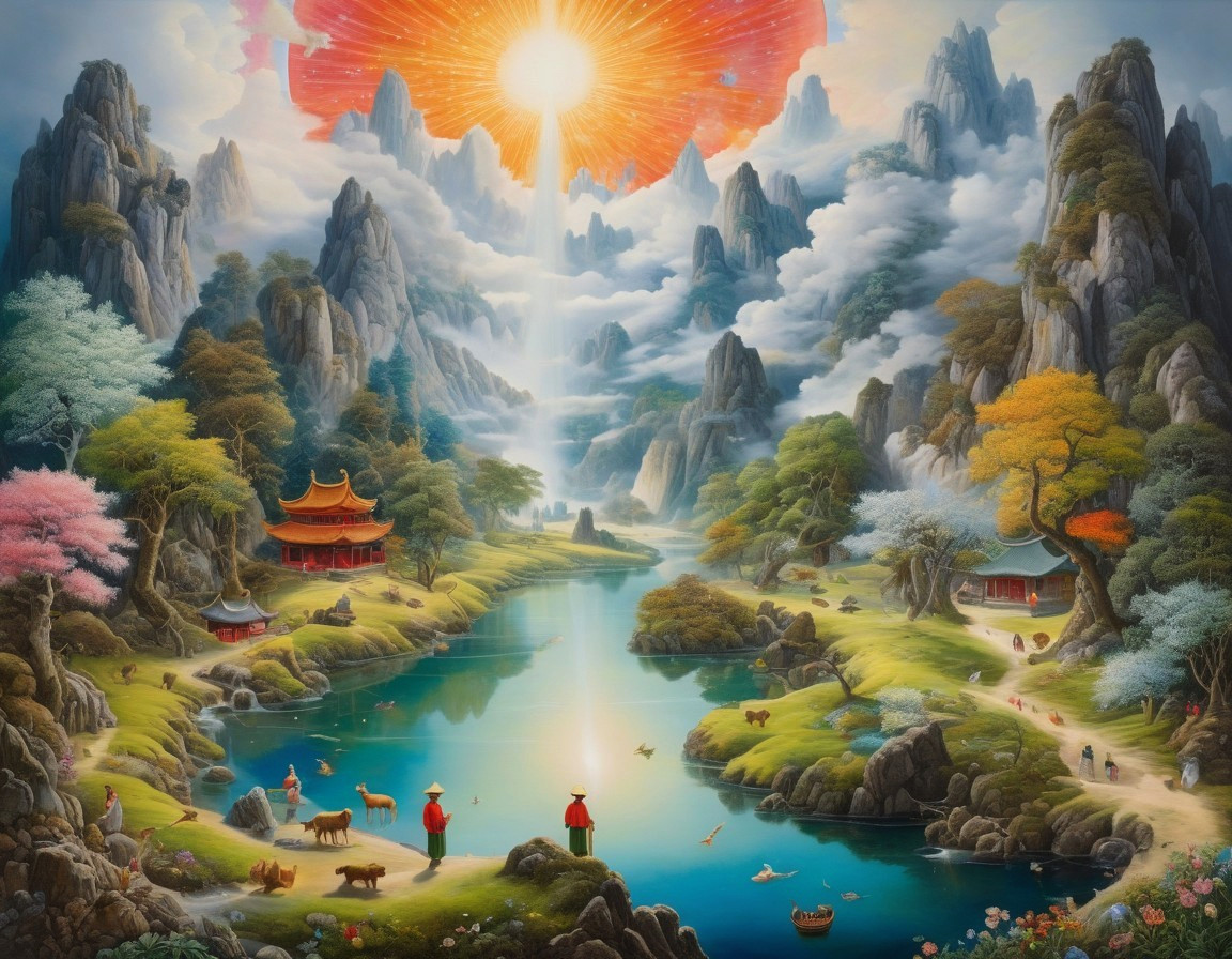 Serene mythical landscape with mountains, river, pavilions, trees, people, and animals