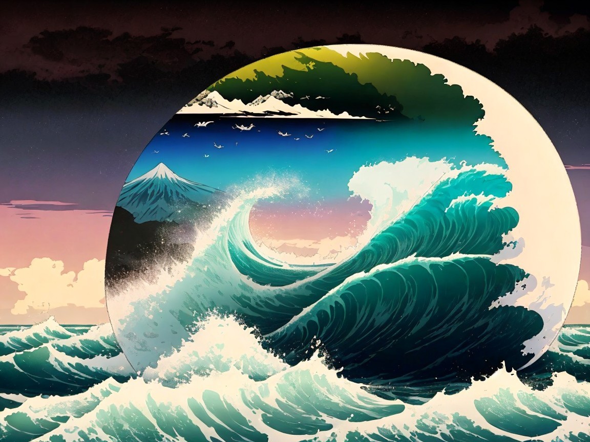 Circular Wave Artwork Blending Ocean and Sky Colors