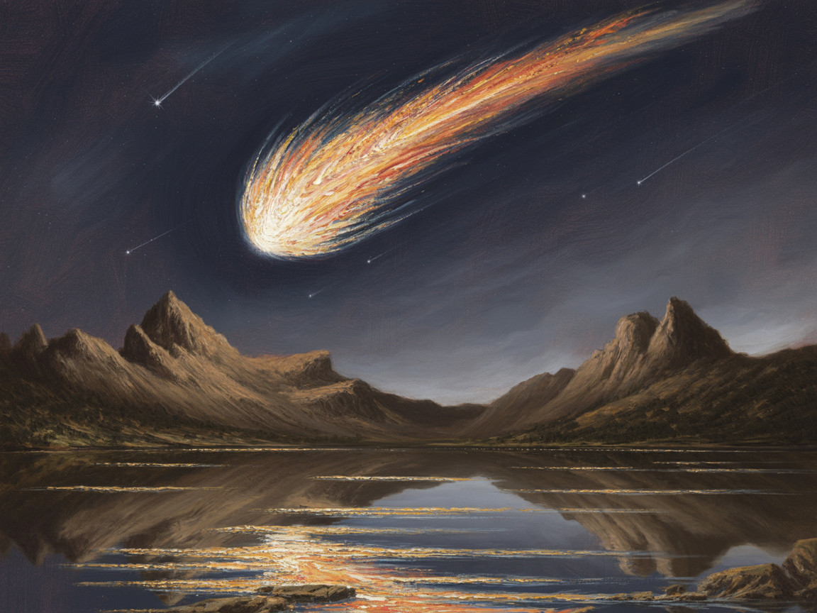 Comet Over Mountains and Tranquil Lake at Night