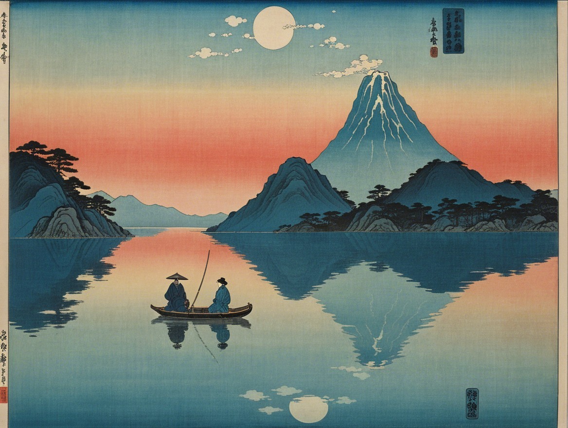 Serene Landscape with Mountain and Moonlit Waters