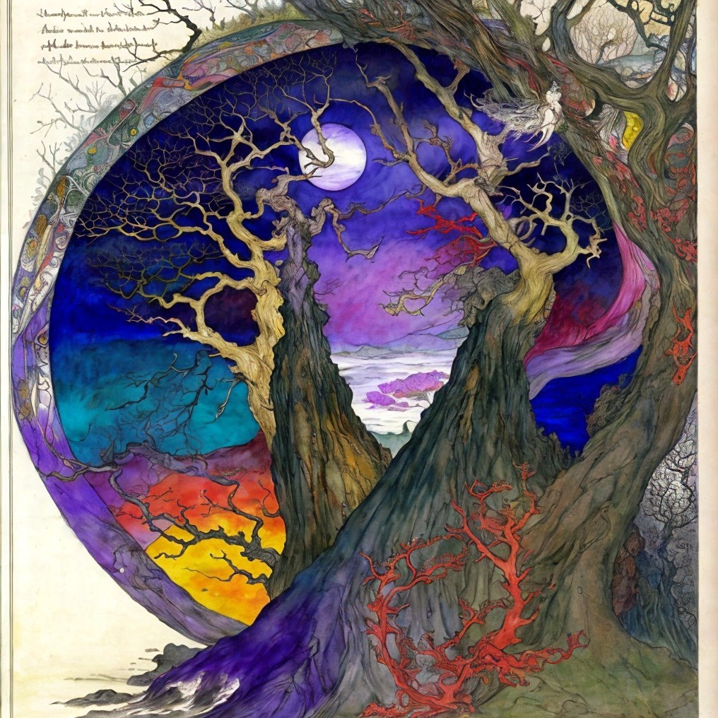 Fantastical Landscape with Twisted Trees and Color Gradients