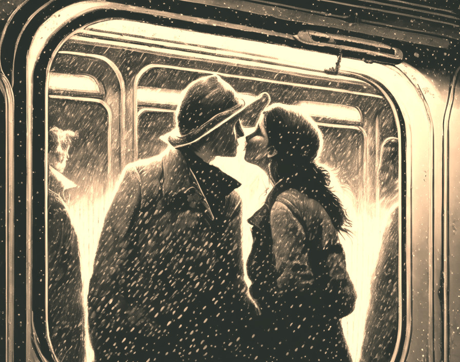 Romantic Subway Scene with Couple in Falling Snow