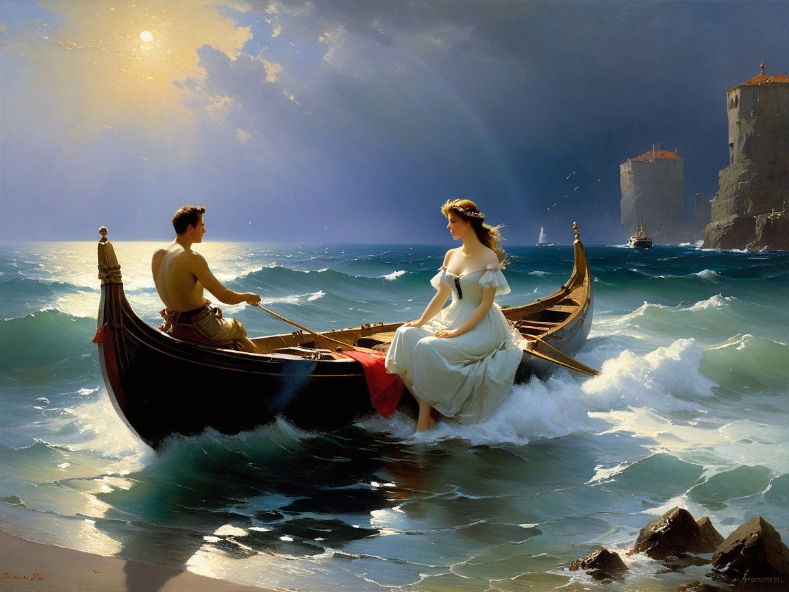 Couple in a Boat at Sunset with Ocean Waves