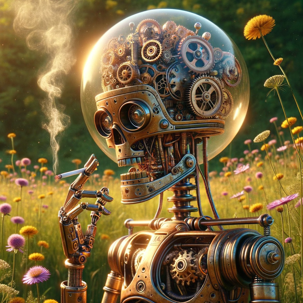 Whimsical Robot Amidst Colorful Wildflowers and Smoke