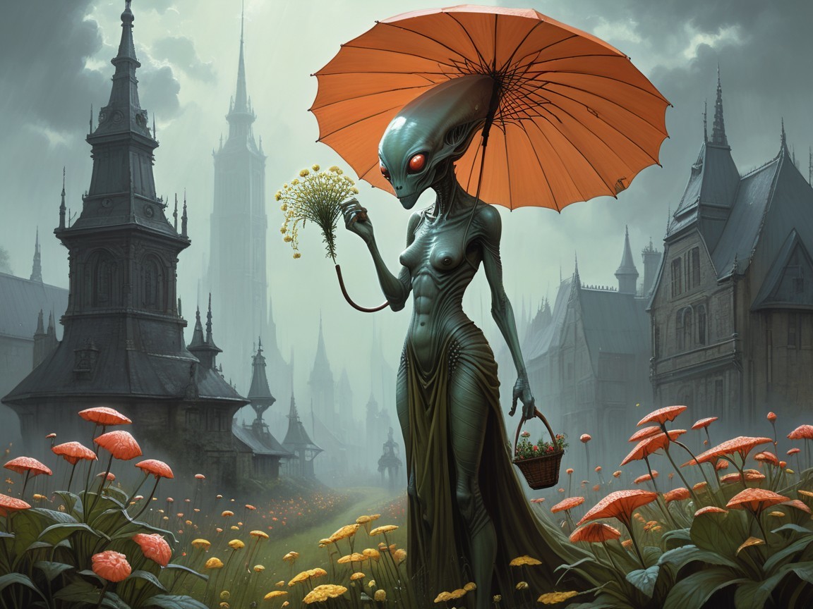 Extraterrestrial Figure in Surreal Gothic Landscape
