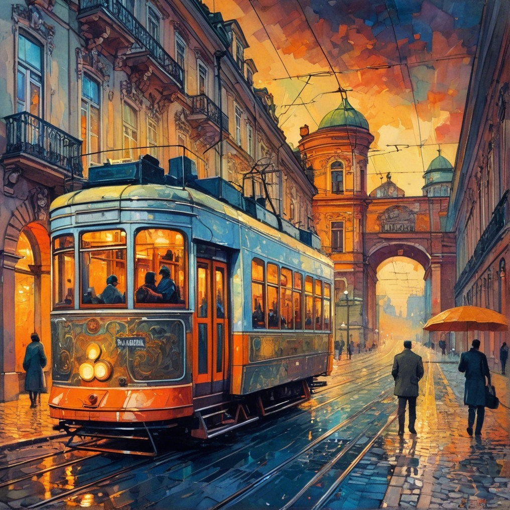 Vintage Tram in Rainy City Scene at Twilight