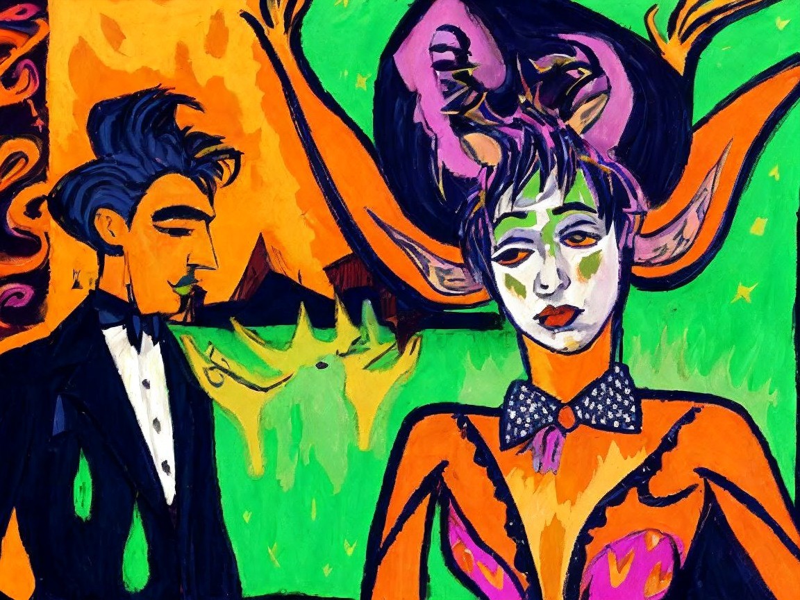 Colorful Scene with Man and Surreal Figure in Tuxedo