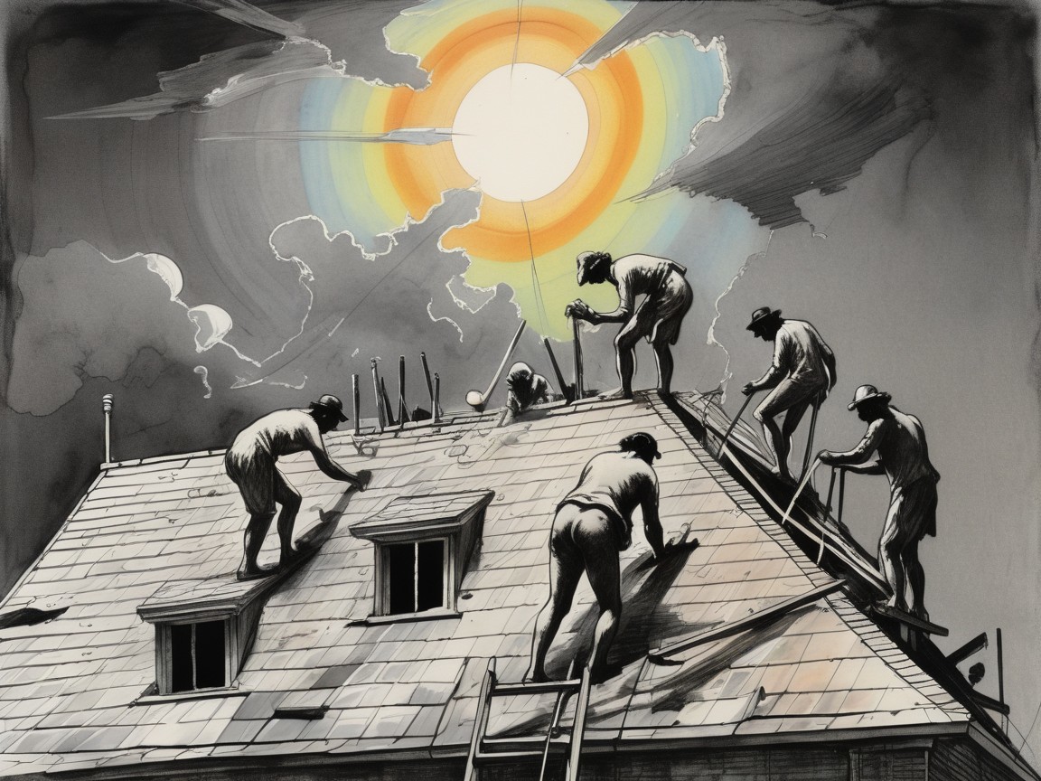 Black-and-white illustration of roof workers under sun